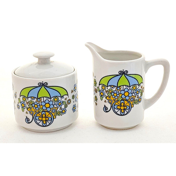 CREAMER AND SUGAR SET-Flower Cart-Blue Green Yellow Flowers-Japan-Small - Picture 5 of 9
